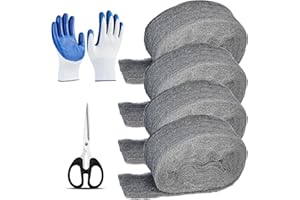 Oslynia Steel Wool Mouse Repellent Set, 4 Rolls 3 in x 10 Ft 0000 Steel Wool Rust Remover with a Scissor and Gloves for, Mice