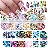 2 Boxes 24 Colors Holographic Nail Glitter Sequins 3D Iridescent Flakes Chunky Glitter Paillettes Design Mermaid Nail Flake Shiny Glitters Powder Chameleon Slices Decor for Manicure DIY Accessories