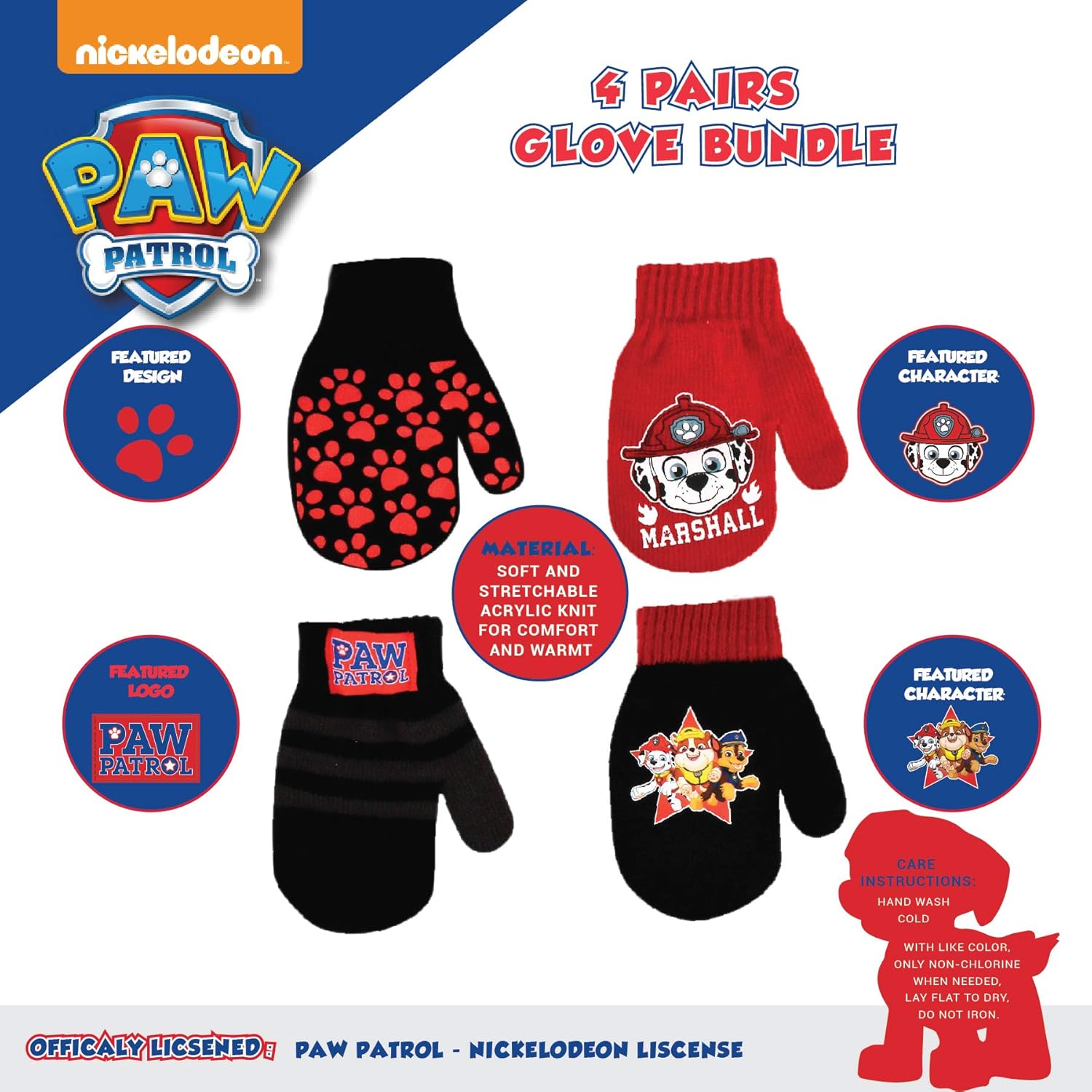 Nickelodeon Boys 4 Pack Mitten or Glove Set: Paw Patrol and Blaze (Age 2-7): Clothing