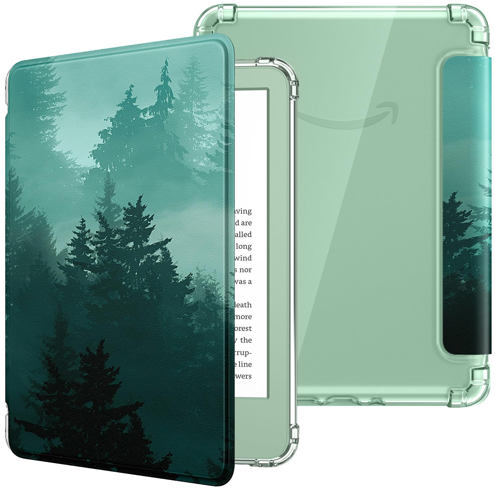 MoKo Case for 6" Kindle (11th Generation-2024/2022 Release), Ultra Clear Soft Flexible Transparent TPU Back Cover Light Shell with Auto Wake/Sleep for Kindle 11th Generation 2024, Green Forest