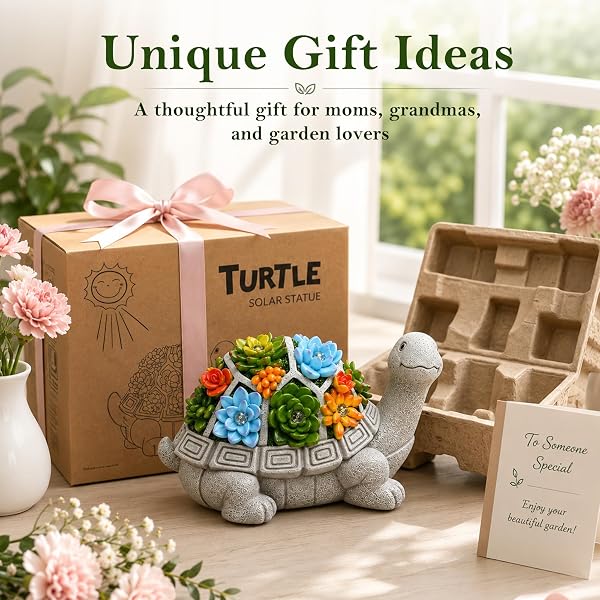 NACOME SOLAR GARDEN OUTDOOR STATUES TURTLE WITH SUCCULENT AND 7 LED LIGHTS – LAWN DECOR STATUE FOR PATIO, BALCONY, YARD ORNAMENT – GIFTS FOR MOM GRANDMA WOMEN