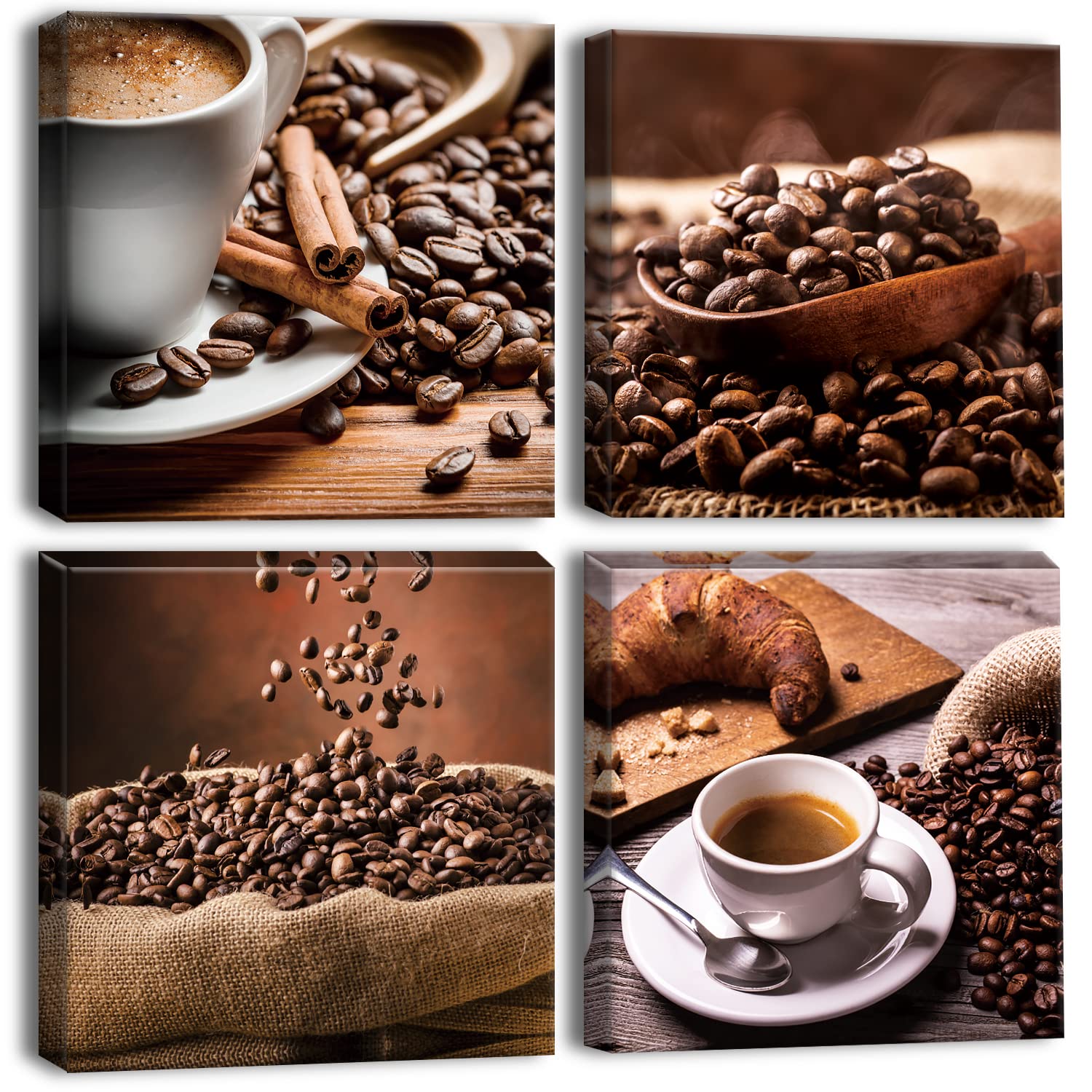 Artscope 4 Pieces Wall Art Canvas Prints - Coffee Beans and Coffee Picture Painting - Modern Wall Artwork Framed for Gifts Bathroom Home Kitchen Office Decor - 30 x 30 CM