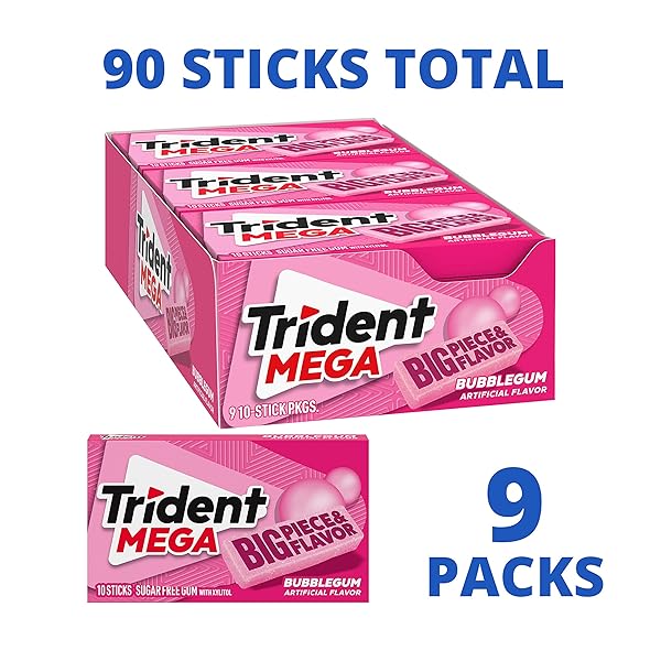 TRIDENT MEGA BUBBLEGUM SUGAR-FREE CHEWING GUM, 9 PACKS OF 10 PIECES (90 TOTAL PIECES)