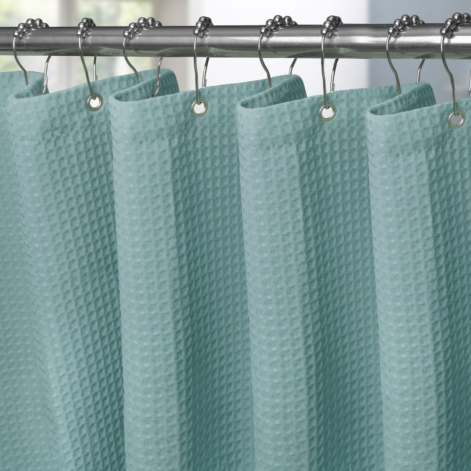VANZAVANZU Shower Curtain for Bathroom with Metal Hooks Waffle Fabric Shower Curtain Heavy Duty Bath Curtain for Wet Room Bathtub Shower Stall, Weighted Hem, Water Resistant - 182 x 182cm (Turquoise)