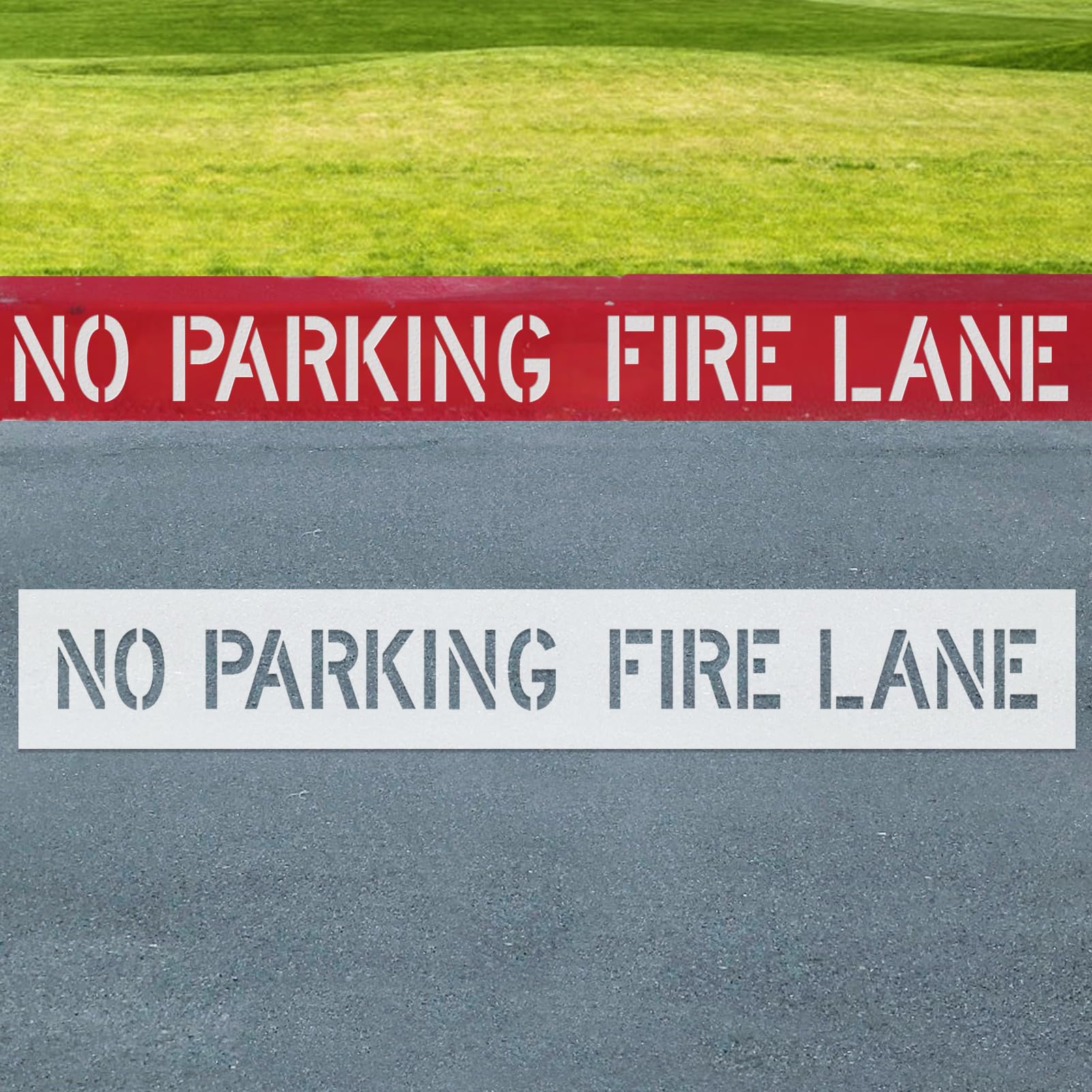 Photo 1 of 12x98 Inch No Parking Fire Lane Stencil – 12" Letter Height, Reusable Silicone Spray Paint Template for Asphalt, Concrete, Pavement, Foldable Parking Lot Curb Marking