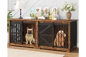 EasyCom 63in Double Dog Crate Furniture with Sliding Door for Small and Medium Dogs Chewproof Heavy Duty Dog Crate Table 8-Point Lockdown Anti-Escape Small Dog Kennel Furniture Indoor
