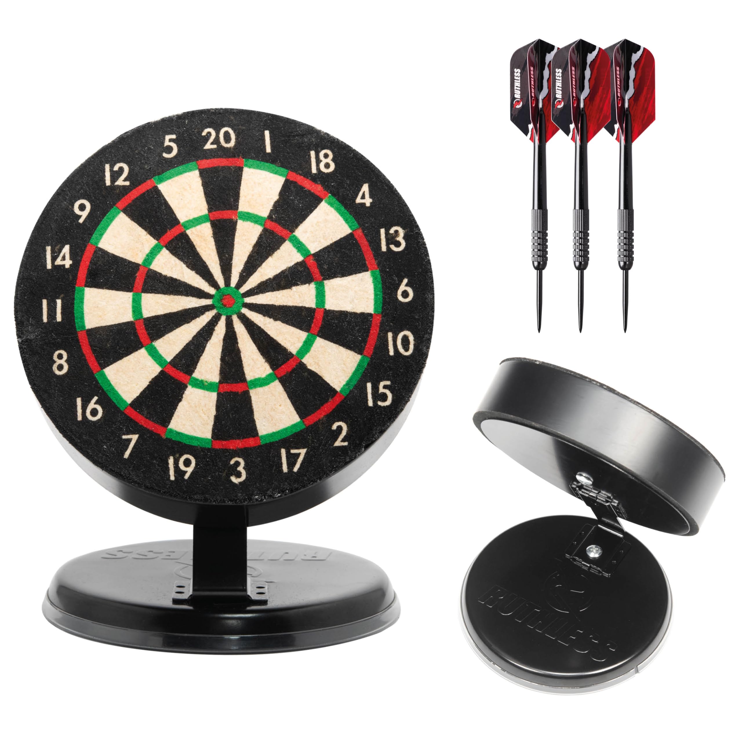 Ruthless | Mini Desk‑Top Dart Board Set | Miniature Table‑Top Dartboard Game Including Mini Steel Tip Darts.
