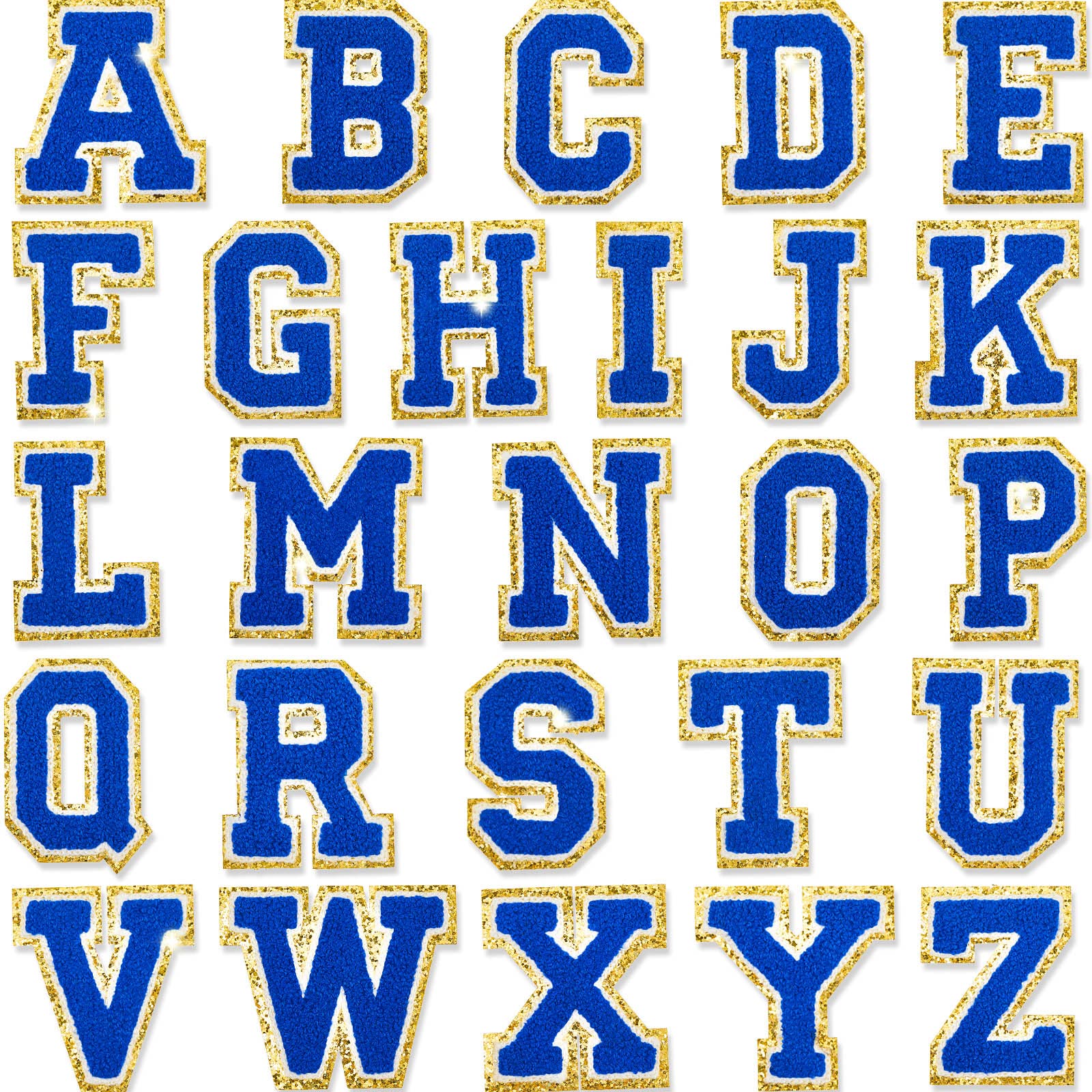 Photo 1 of 26 Pieces Chenille Letter Patches Iron On Letters Patch Letter Patches Glitter Chenille Patches A-Z Patch Embroidered Patch Gold Border Sew On Patches for Clothing Hat Shirt Bag (Blue, White)