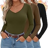 Sweetyweee 3 Pack Women's Thermal Shirts Long Sleeve V Neck Fleece Lined Undershirts Slim Fit Basic Tops Fall Winter Clothes