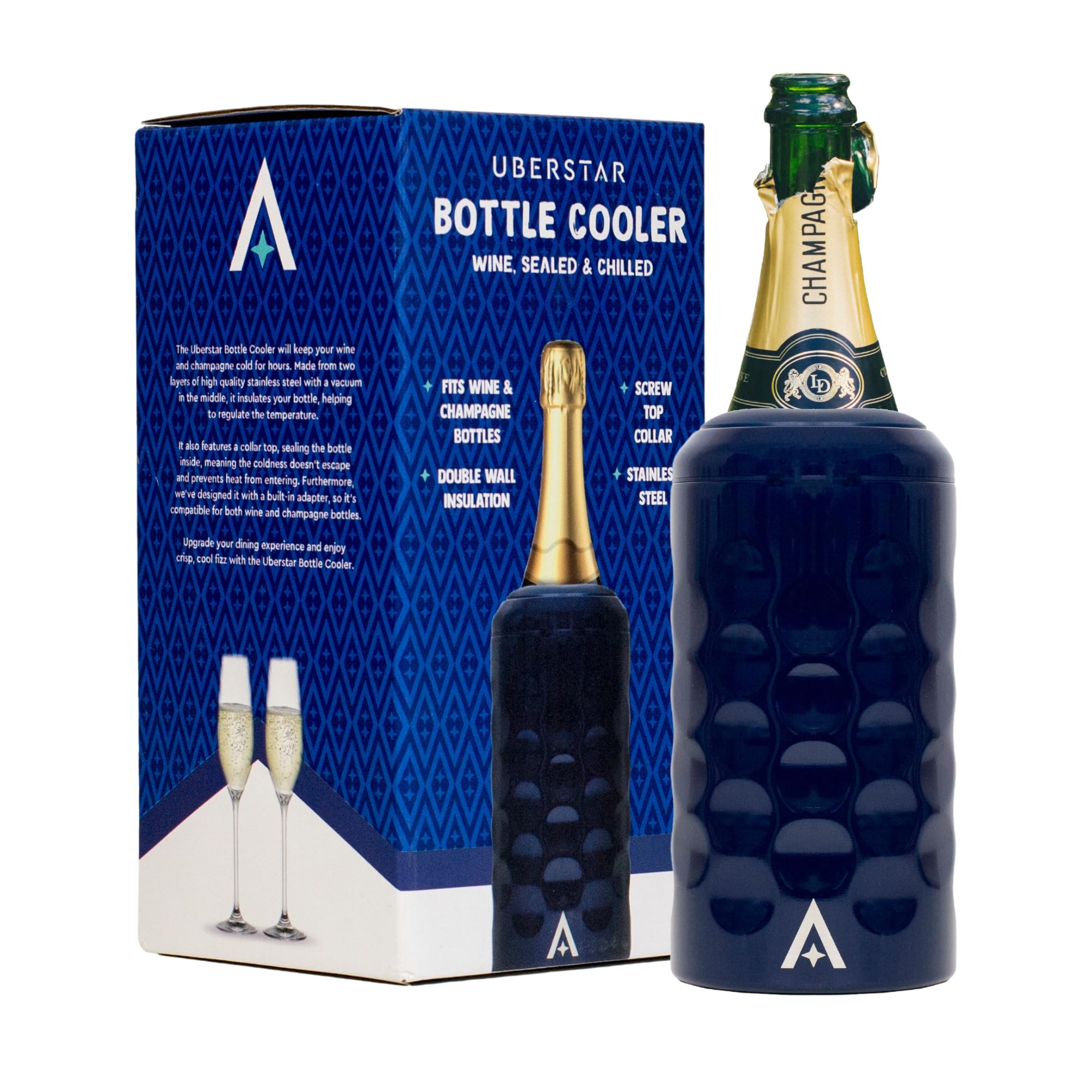 Wine Cooler Chiller Blue/Double Wall Stainless Steel Vacuum Seal/Gift for Wine Prosecco and Champagne/Cold for Hours