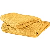 GLAMBURG 100% Cotton Thermal Bed Blanket, Breathable Waffle Blanket, Twin Size, All Season, Mustard Yellow