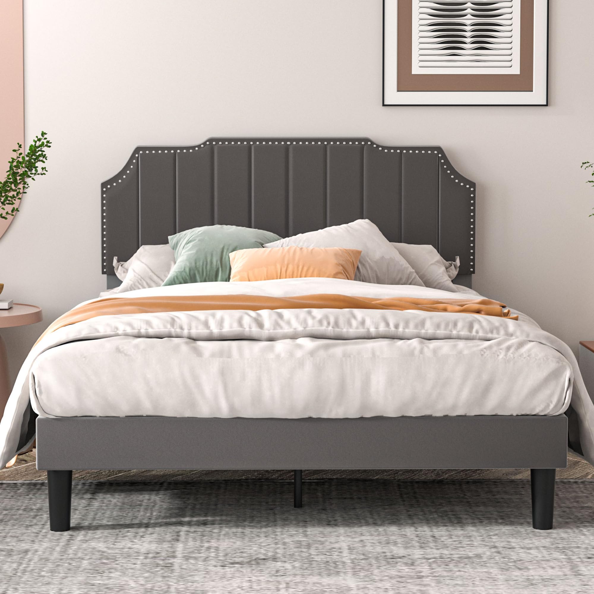 Photo 1 of VECELO Full Size Upholstered Platform Bed Frame with Tufted Adjustable Headboard/Mattress Foundation/Wood Slat Support,Easy Assembly,Dark Grey