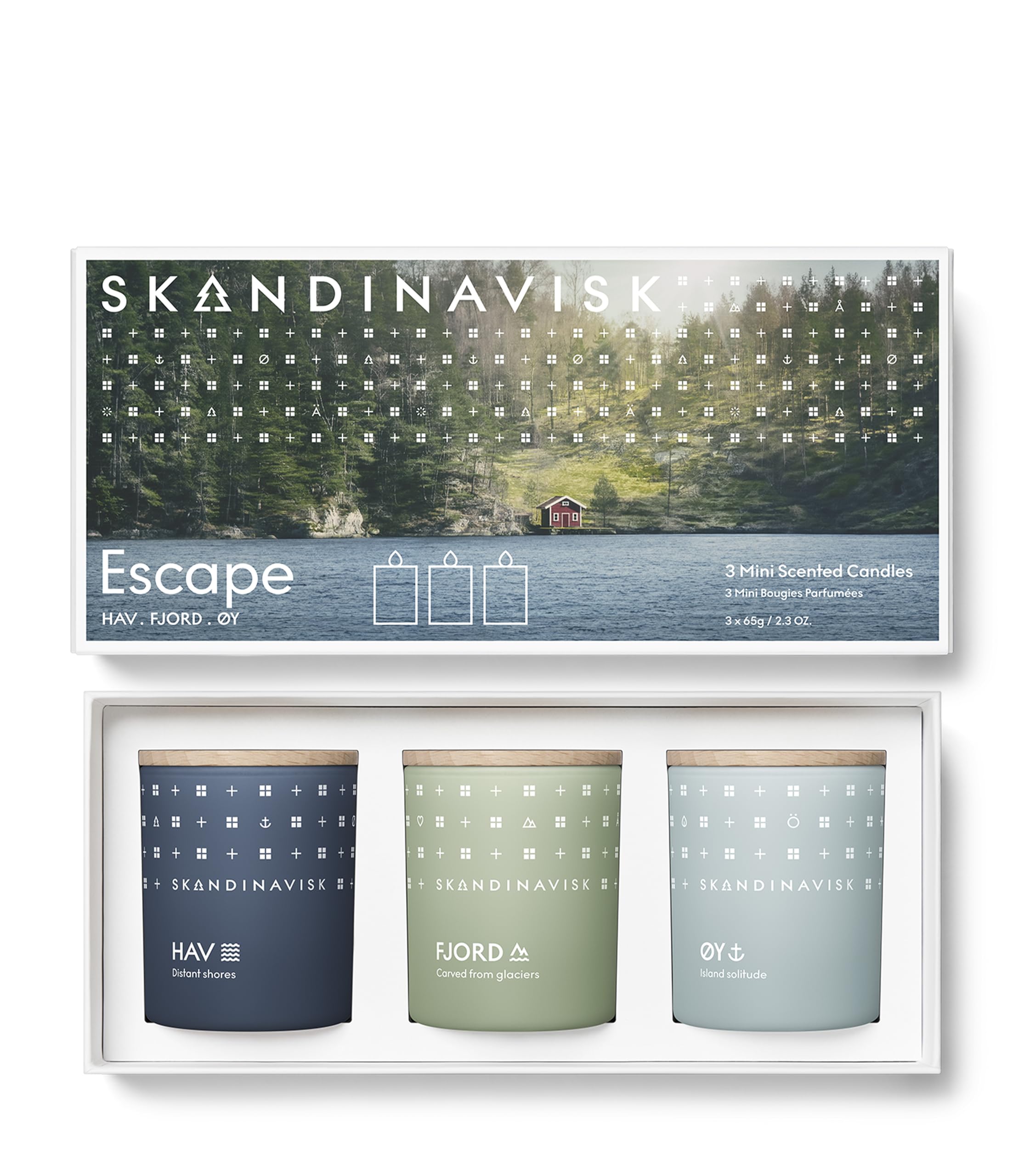 Skandinavisk - Escape Giftset of 3 Mini Scented Candles. Fjord, ØY 'Island' and HAV ‘Sea’ Vegan Formula. 3 x 65g.
