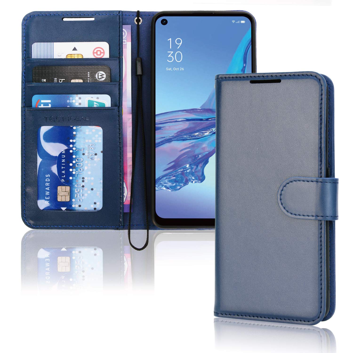 TECHGEAR Leather Wallet Case for Oppo A53 / A32, Flip Protective Case Cover with Wallet Card Holder, Stand & Wrist Strap - Blue PU Leather with Magnetic Closure