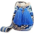 Original Wayuu Mochila Bag For Women, Colombian boho bags, Handmade With Big Nice-Looking Tassels (Medium, Blue Ethnic - Medium)