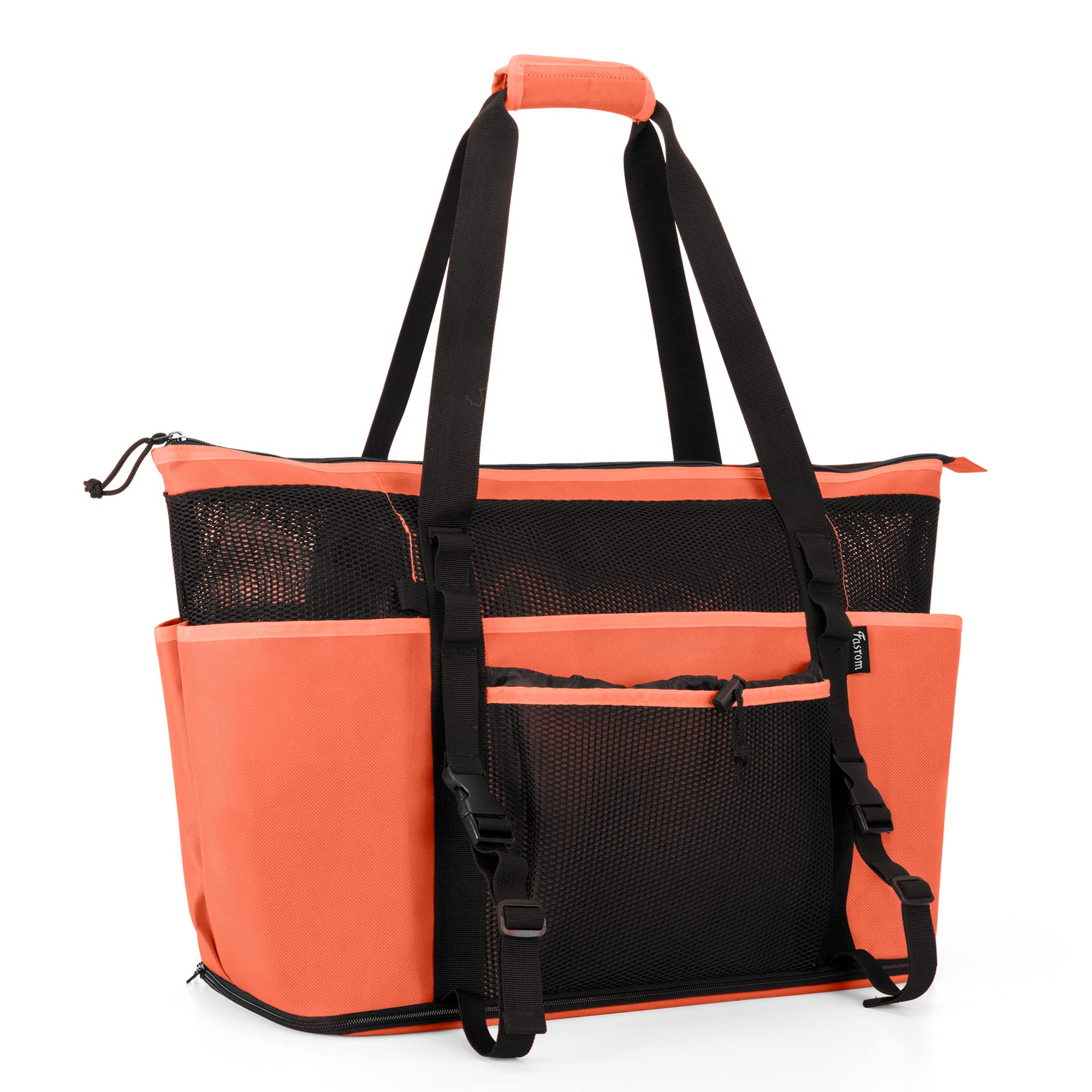 Fasrom Extra Large Mesh Beach Bag with Zipper Bottom, Family Beach Tote Bag with Wet and Dry Separation (Patent Pending), Orange