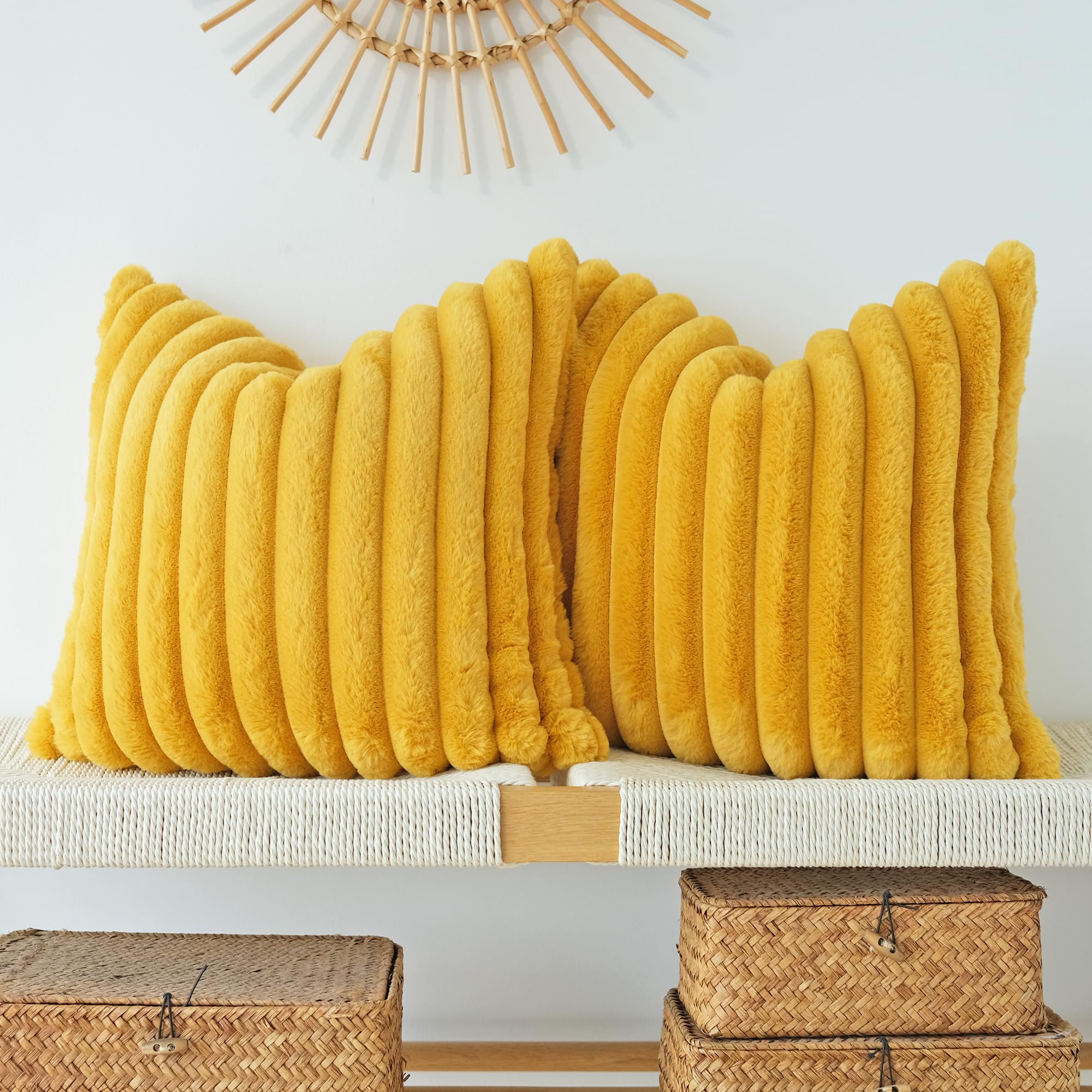 Photo 1 of JOJUSIS Pack of 2 Faux Fur Plush Decorative Throw Pillow Covers Couch Cushion Case Soft Pillowcases (Mustard Yellow, 18 x 18-Inch)