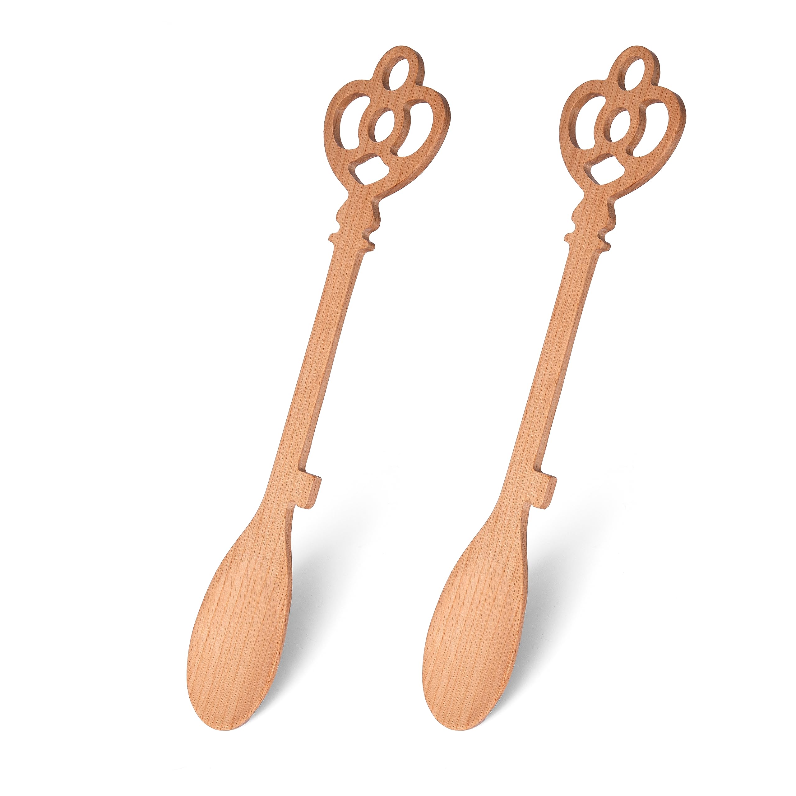 Fisura - Original Wooden Spoon in The Shape of a Key. Set of 2 Beech Wooden Kitchen Utensils Spoon. Heat Resistant Kitchen Accessories. Size: 30 x 7 x 0.5 cm.