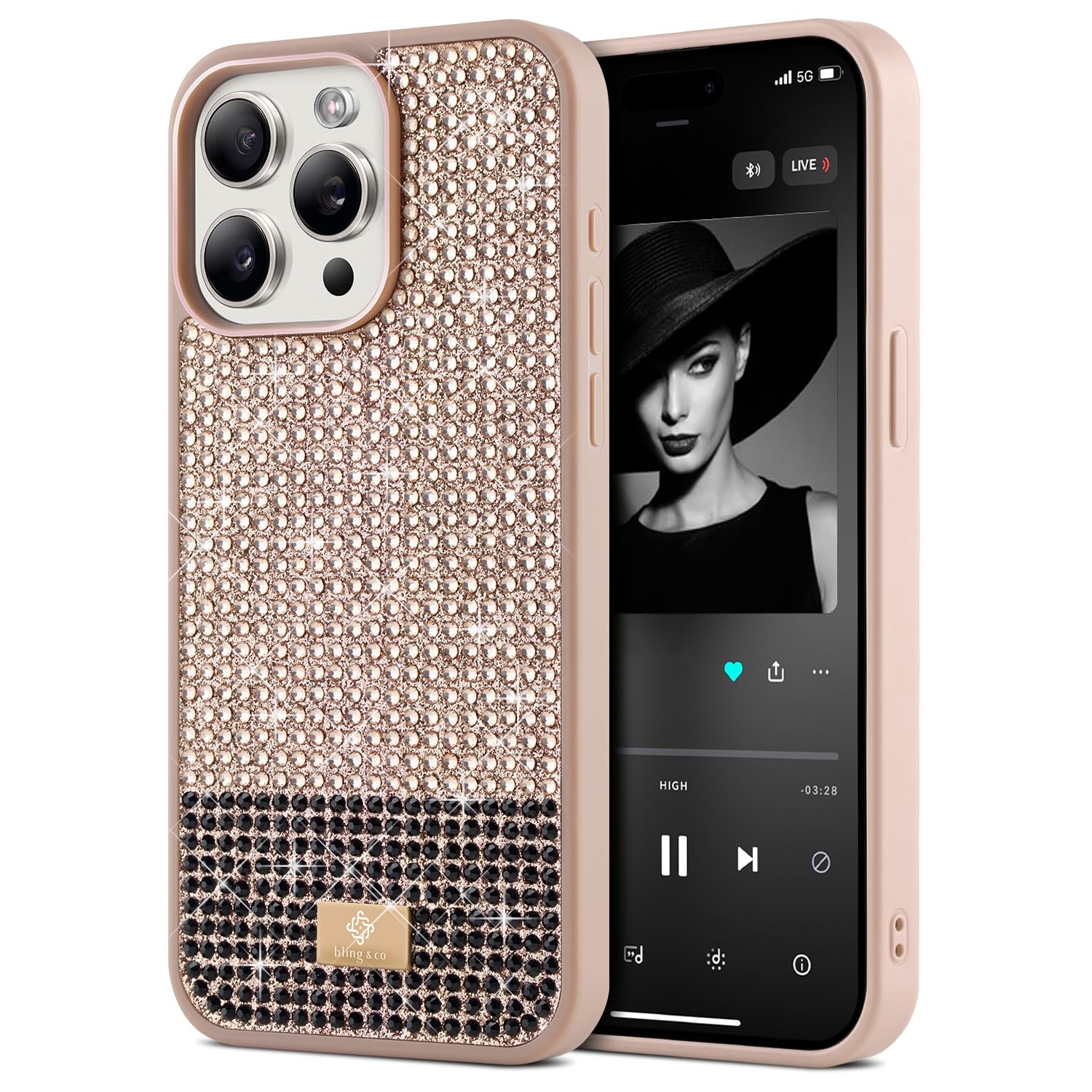 BEZ Case for iPhone 15 Pro Case Glitter, with Bling & Co. Series, Sparkle Diamond Crystal Bling Case Cover for iPhone 15 Pro, Champagne Pink