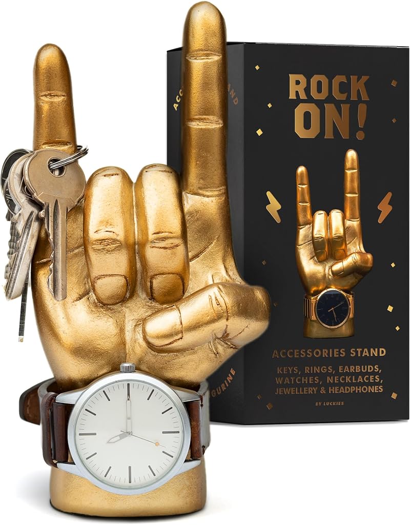 Luckies Rock On Hand Mini Headphone Stand Jewellery Holder Desk Ornament Gold
