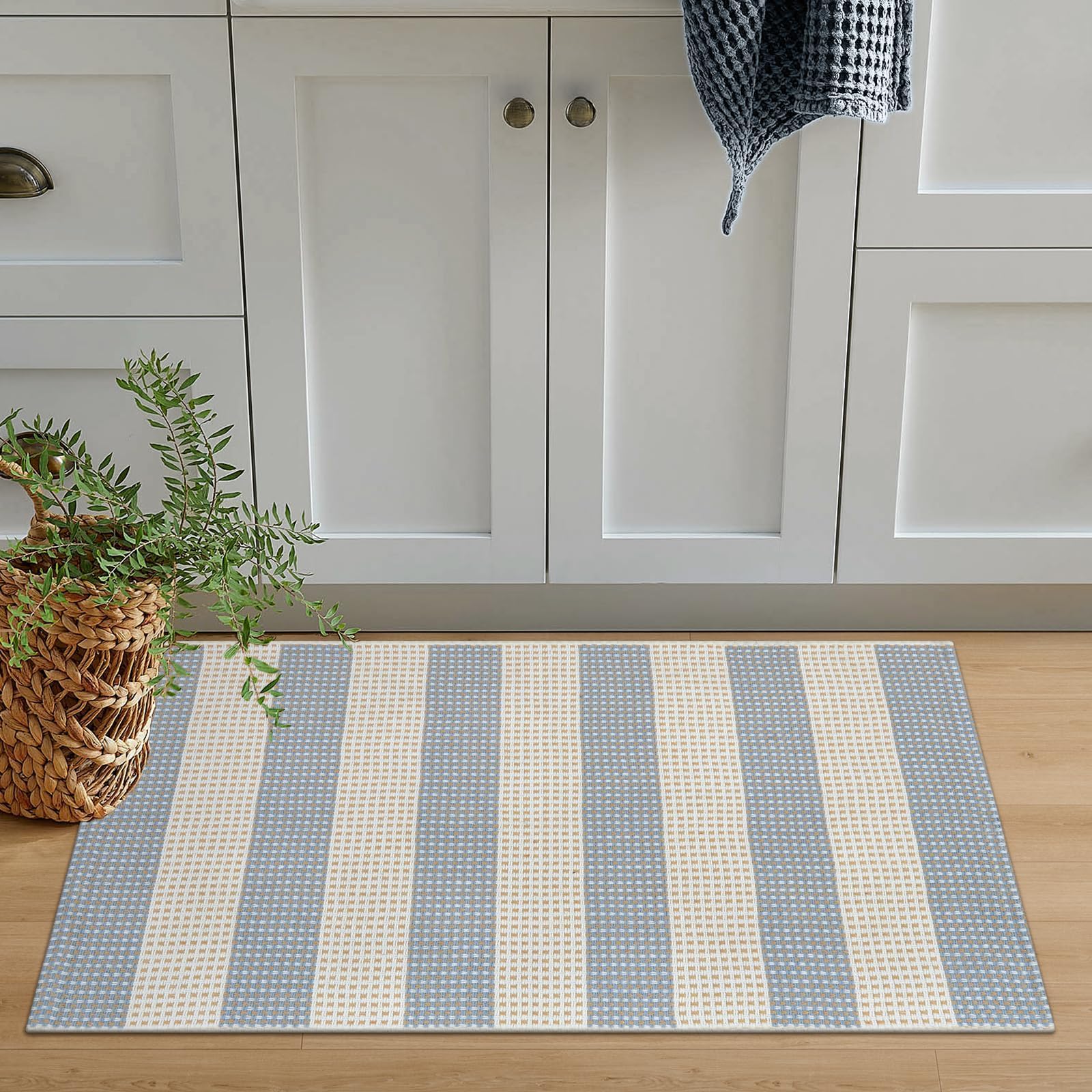 Photo 1 of OJIA Front Door Mats Outdoor 24"x36" Machine Washable Indoor Outdoor Rugs Doormat Cotton Woven Entry Rug Striped Small Area Rugs for Front Porch/Bathroom/Farmhouse/Home Entrance (Blue/White/Tan)