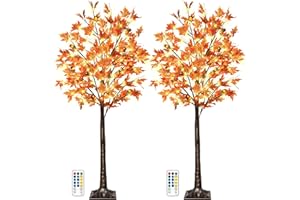 TIYIVIRI 2 Pack 5FT 90LED Lighted Maple Tree - Thanksgiving Decor Artificial Tree with 9 Acorns 180 Leaves, Remote 8 Flashing Modes, Timing, Fall Tree for Outdoor Wedding Party Autumn Decor