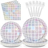 Grencian 96Pcs Disco Party Supplies Pink Pastel Silver Disco Ball Plates and Napkins Tableware Sets Rainbow Iridescent Birthday Decorations for Wedding Sprinkle Bachelorette 70s Disco Party Serves 24