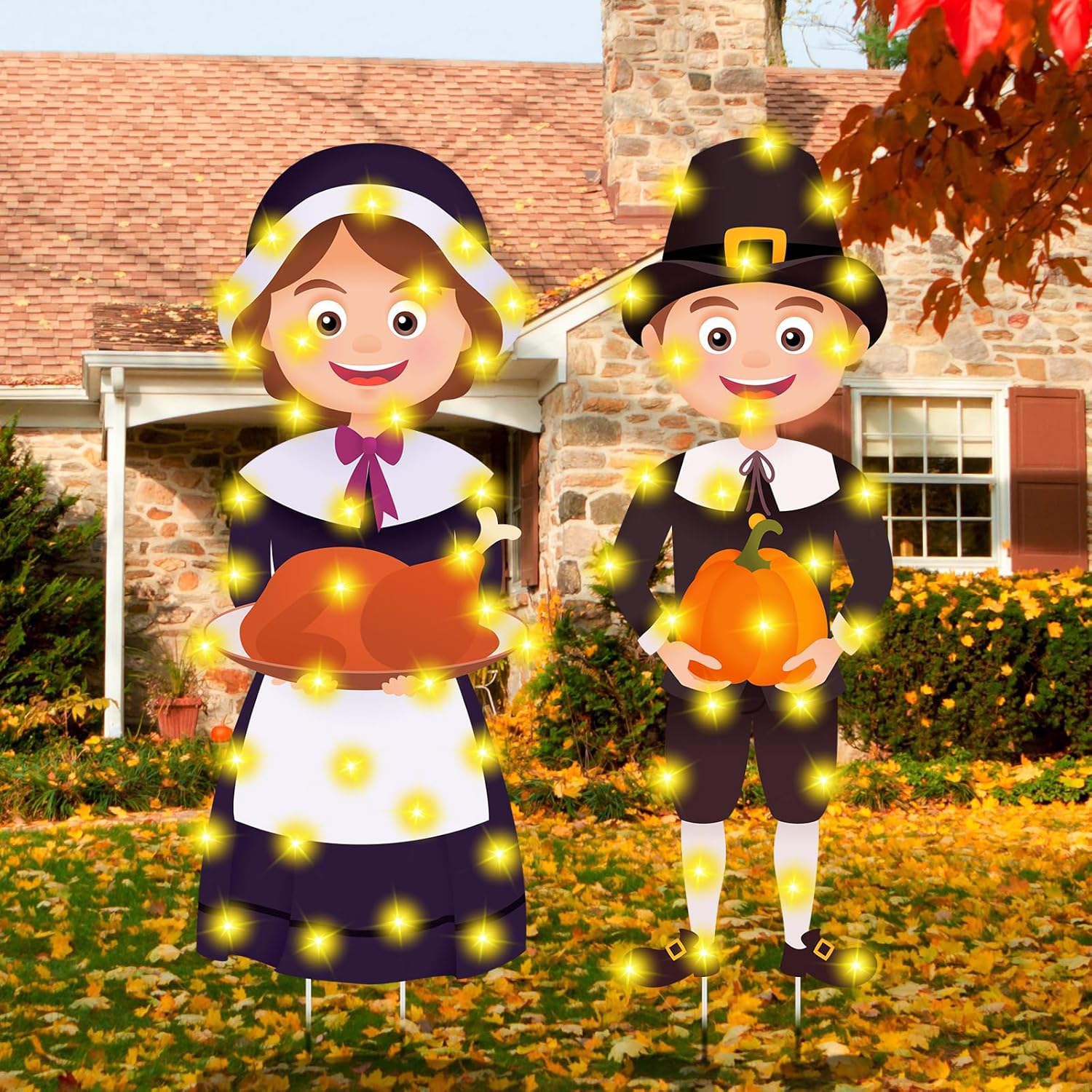 Yard Signs - Soaoo 2 Pack Thanksgiving Yard Signs with LED String Light Outdoor Fall Yard Signs with Stakes Pumpkin Turkey Autumn Decor Lawn Garden Sign for Harvest Party Decorations, 32 x 12 Inch(Pilgrim Couple)