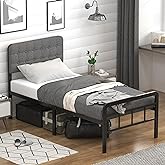 EMODA 16 Inch Twin Size Bed Frames with Upholstered Headboard and Metal Footboard, Heavy Duty Metal Slats Support Mattress Foundation, No Box Spring Needed, Easy Assembly