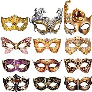 12 Pieces Mardi Gras Masquerade Mask, Paper Masks Set for Carnival Prom Venetian Masks Half Retro Masquerade Mask Mardi Gras Costume Fancy Dress Party Supplies