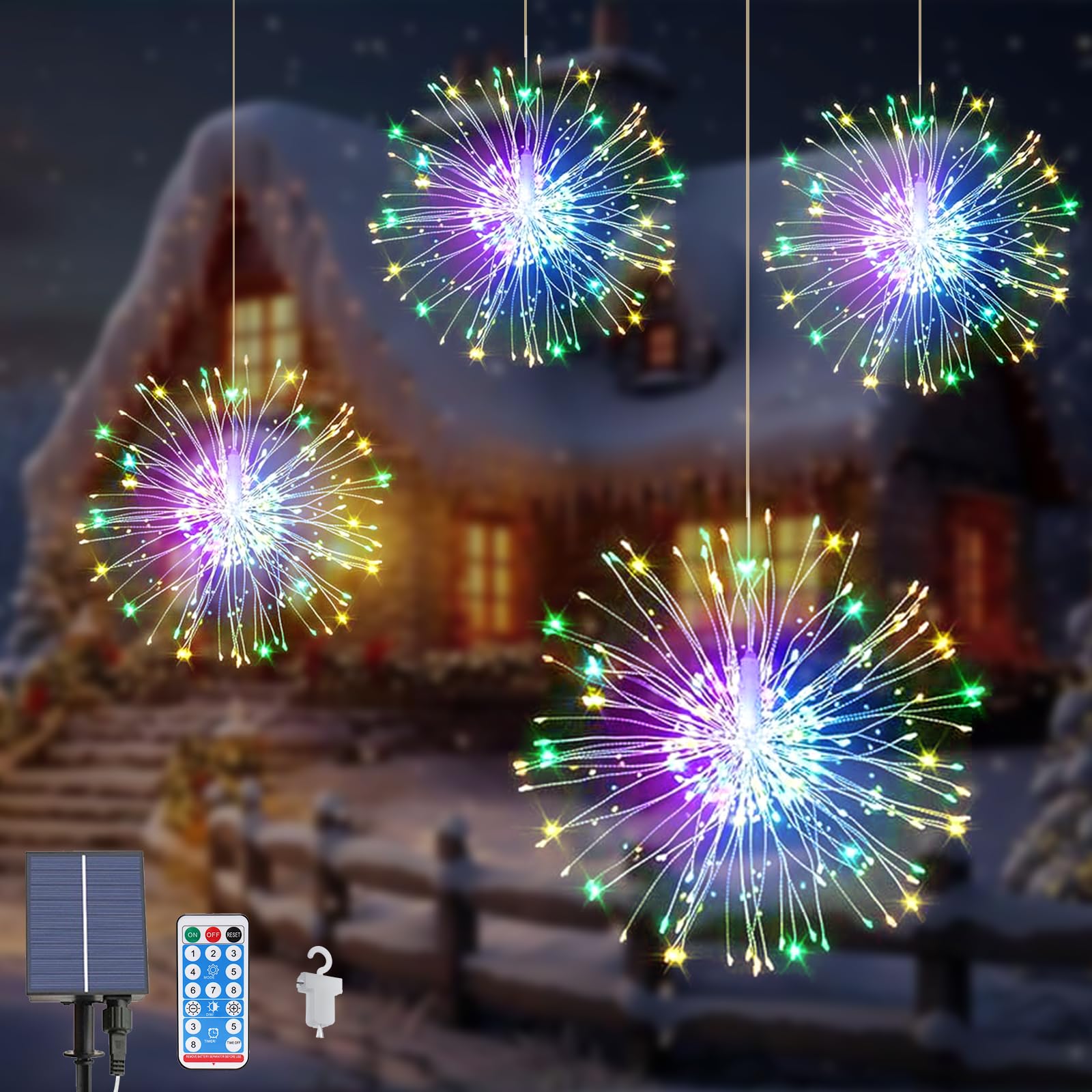 Acxilexy 4 Pieces Solar Fireworks Lights, 480 LEDs Fireworks Hanging Lights with 8 Modes, Waterproof Copper Wire String Lights, Remote Control, Light Chains for Garden Parties