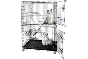 JaxSteam Cat Cage Large 4-Tier Indoor Cat Enclosure with Removable Tray & 2 Ladders, Foldable Metal Wire Cat Playpen with 360° Wheels, for 1-2 Cats & Small Pets, 35.4" L × 22.4" W × 49.2" H (Black