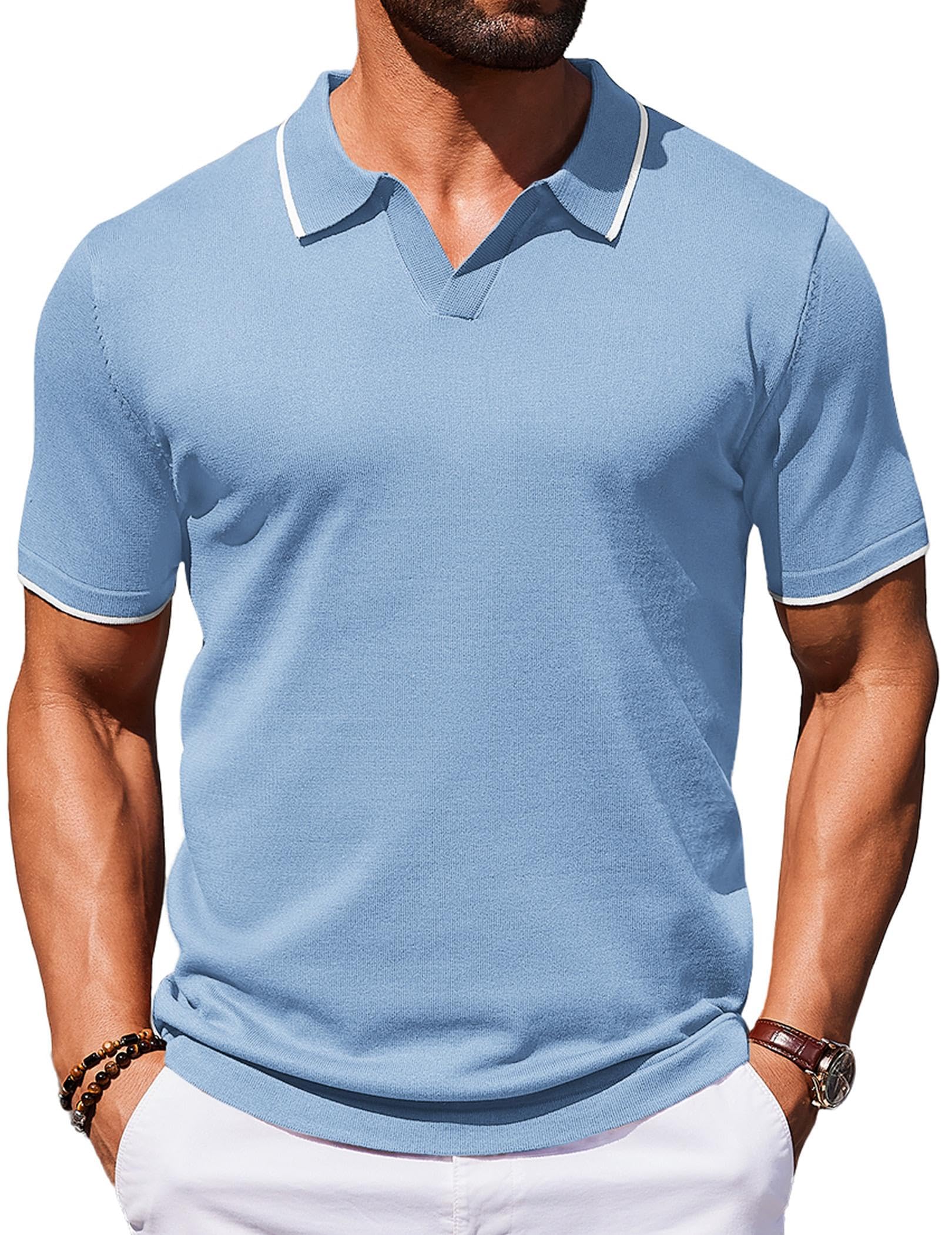 Photo 1 of COOFANDY Mens Short Sleeve Polo Shirts Knitted Polo Shirts Retro Contrast Collar Polo Shirt Men Blue