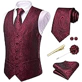 Hi-Tie Mens Silk Vest Set 6 PCS Dress Vest and Tie Pocket Square Lapel Pin for Work Wedding Business