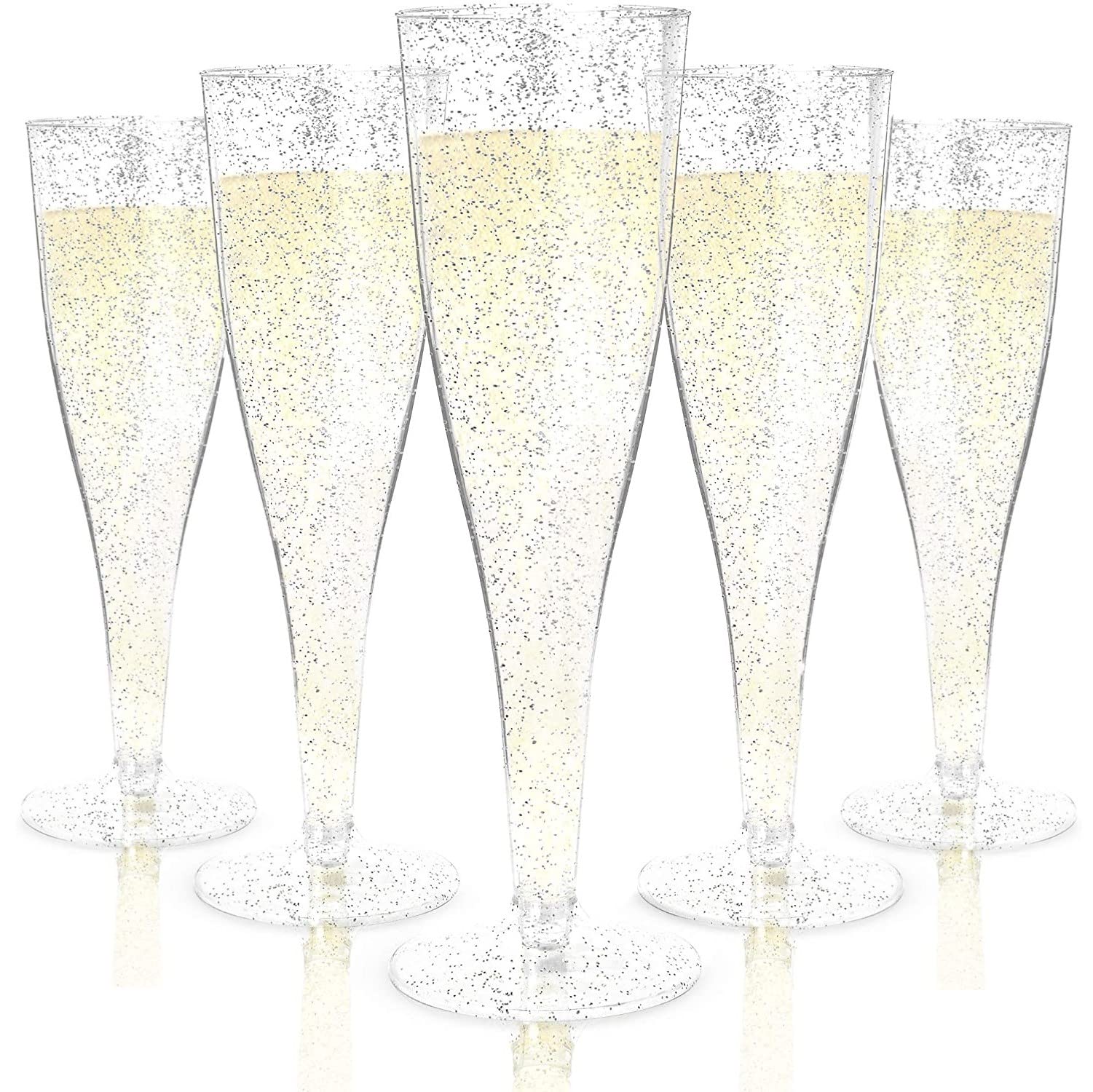 LATERN 54Pcs Plastic Champagne Flutes, 150ml Silver Glitter Champagne Glasses Reusable Stemmed Party Wine Cups for Garden Wedding Anniversary Shower Parties (5 x 17cm)