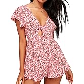 AGQT Women’s Sexy V Neck Self Tie Front Romper 2026 Summer Boho Short Jumpsuit Playsuit Outfit Mini Dress