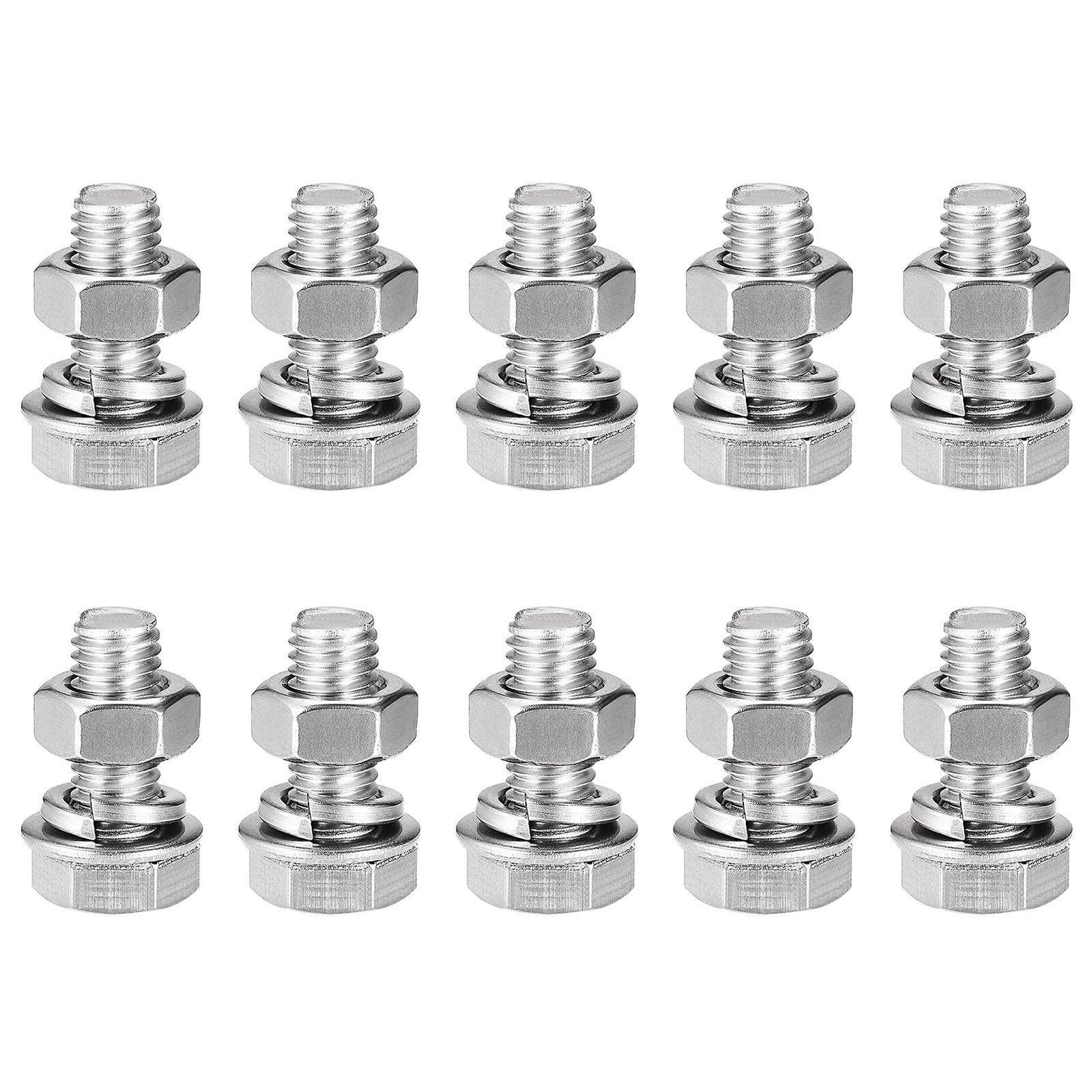 TOP-VIGOR 10Pcs M8 x 20mm Hex Head Screws Bolts, Nuts, Flat & Lock Washers Kits, 304 Stainless Steel Fully Thread Hexagon Bolts for DIY Bike Motorcycles Repair