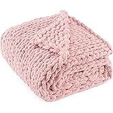 LONG CREATE Chunky Knit Throw Blanket 50"X 60", 100% Handmade with Soft Chenille Yarn, 4.4lbs Thick Cable Knitted Blankets, Large Rope Knot Crochet Throws for Couch Sofa Bed Home Decor, Dusty Pink