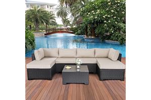 Lviden 7 Pieces Outdoor PE Wicker Furniture Set Patio Rattan Sectional Conversation Sofa Set with Khaki Cushions and Glass Top Table