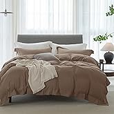 ELIMMO Cooling Queen Duvet Cover Set 3 Pieces-100% Washed Cotton with Chic Wide Trim Design Linen Like Textured Ultra Soft Cozy Bedding with Zipper Closure(Hemmed Light Brown,Queen 90"x90")