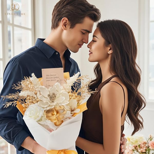 TINGE TIME PRESERVED FLOWERS BOUQUET, PLATINUM FAUX ROSE BOUQUETS, ETERNAL ROSES BOUQUET FOR WEDDING, TABLE CENTERPIECES, MOTHERS DAY, BIRTHDAY GIFTS, ANNIVERSARY, GRADUATION(WHITE & GOLD)