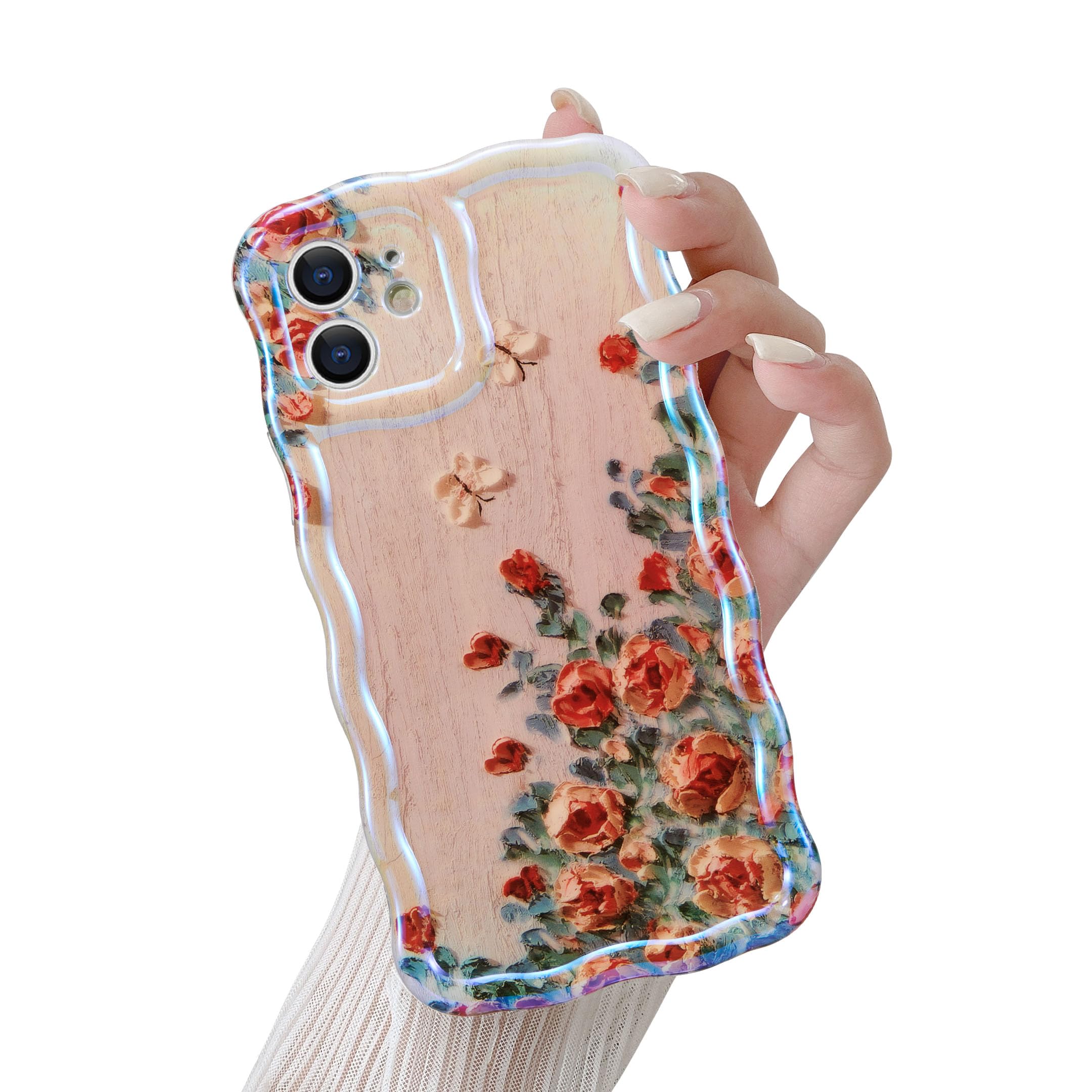 QLTYPRI Case for iPhone 11, Laser Colorful Retro Oil Painting Flower Pattern Cute Curly Wave Frame Exquisite Phone Case for Girls Women, Shockproof TPU Protective Phone Cover for iPhone 11 - Beige