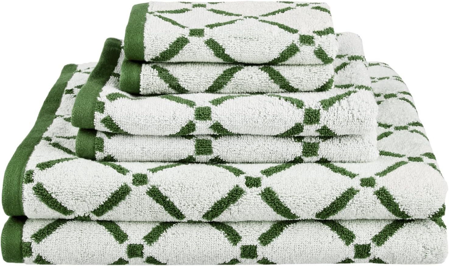 Blue Nile Mills Lumina Cotton 6-Piece Geometric Towel Set, Face, Hand, and Bath Towels, Hunter Green/Cream