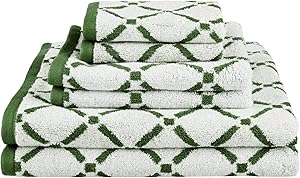 Blue Nile Mills Lumina Cotton 6-Piece Geometric Towel Set, Face, Hand, and Bath Towels, Hunter Green/Cream