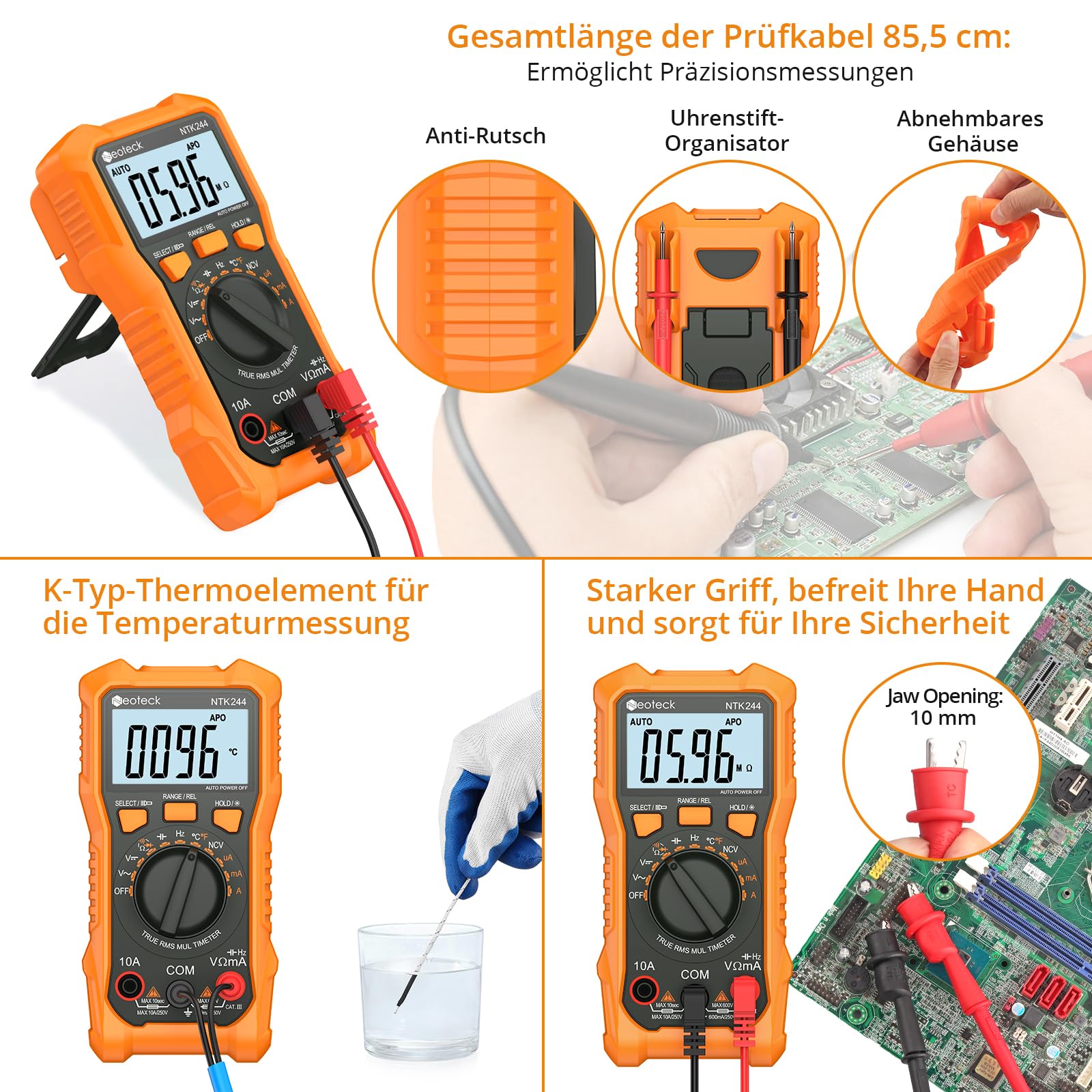 Neoteck Digital Multimeter Voltmeter 6000 Zähler Spannungsprüfer AC/DC Strom Spannung Widerstand Kapazität NCV Frequenz Temperatur Messgerät mit Krokodilklemme 5