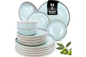 PURE LIVING INTERIOR DESIGN 24 Piece Dinnerware Sets for 8 - Modern Style Stoneware Dinnerware Set - Microwave Safe Dinner Plates and Bowls Sets for 8, Ceramic Dish Set, Bowl and Plate Sets for 8, Beige Light Blue Set for 8