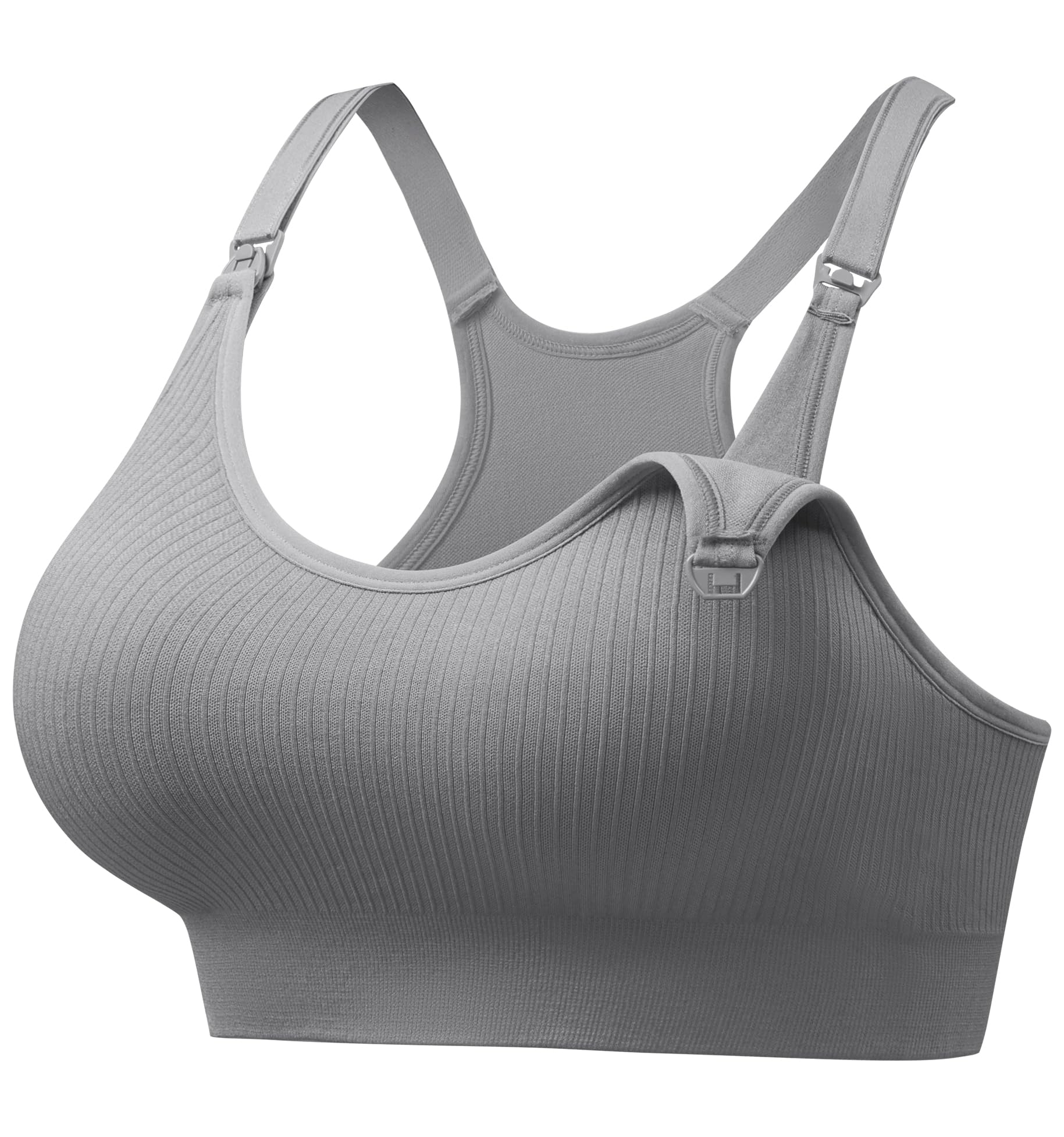 Photo 1 of Angelhood Nursing Sports Bras for Breastfeeding, Ribbed Support Maternity Bra Wireless Seamless Sleep Bralette for Pregnancy Grey  L