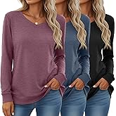 Velvelhall 3 Pack Women's Long Sleeve Sweatshirts Cotton V Neck Pullover Shirts Casual Loose Fit Soft Basic Tunic Tops