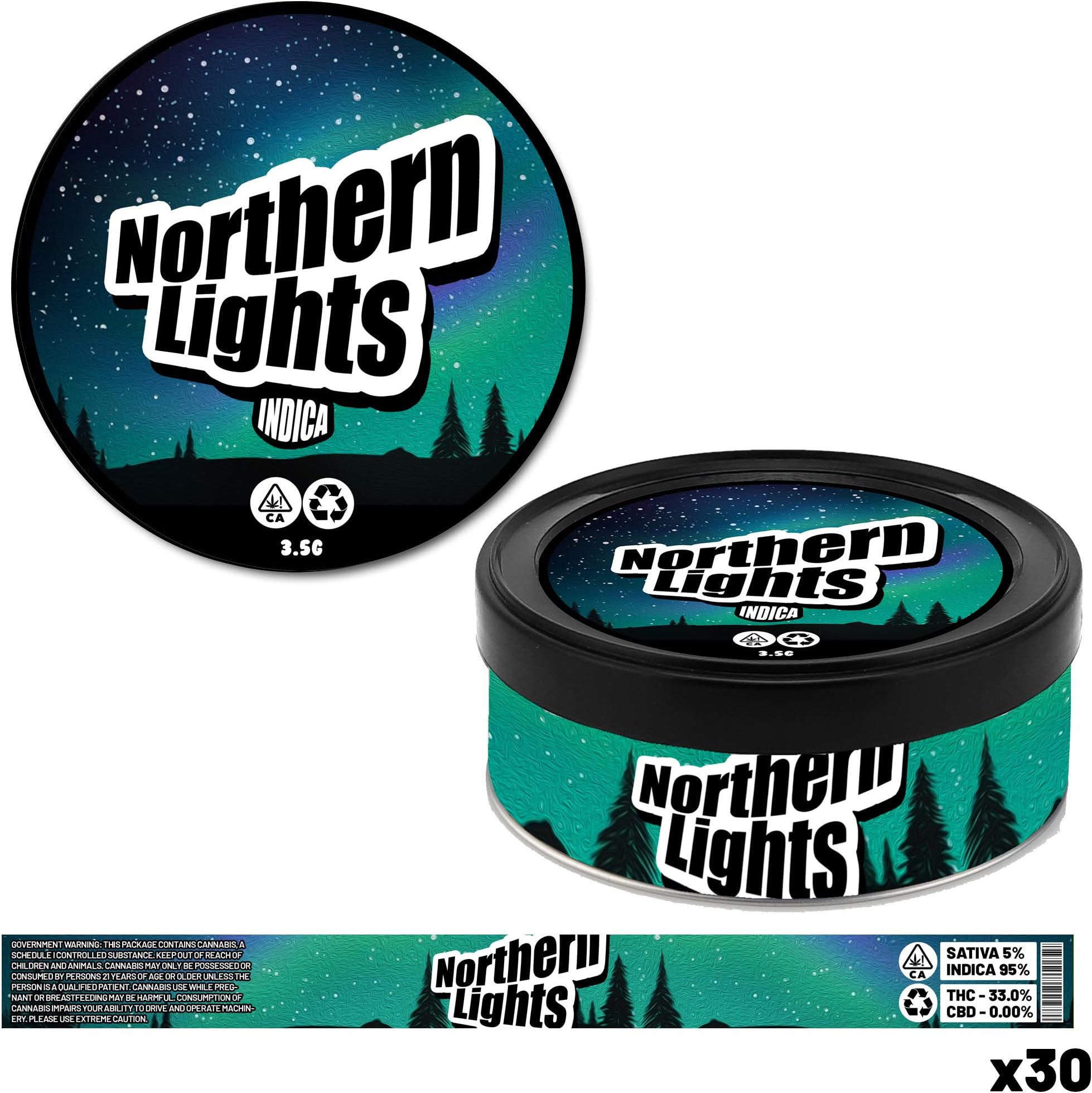 Green Buddha 30x Northern Lights Cake Cookies Cali Original Pressitin Ring Pull Tin + Lid & Premium Laser Printed Rx Labels Stickers ONLY (Tear/Water Proof) - Fits 3.5 grams / 100ml - Stickers ONLY