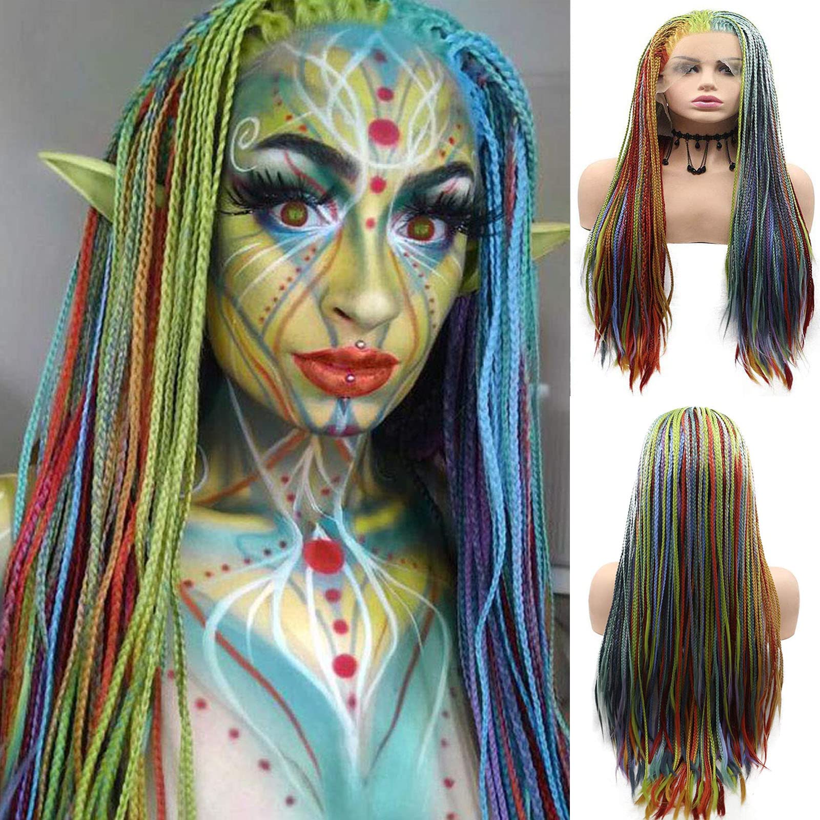 Colorful Braided Wigs for Black Women Long Straight Green Purple Blue Red Blonde Afro Box Braid Wig Natural Hairline Glueless Synthetic Braids Lace Front Wig Heat Resistant Fiber Braiding Hair 26Inch — image 1